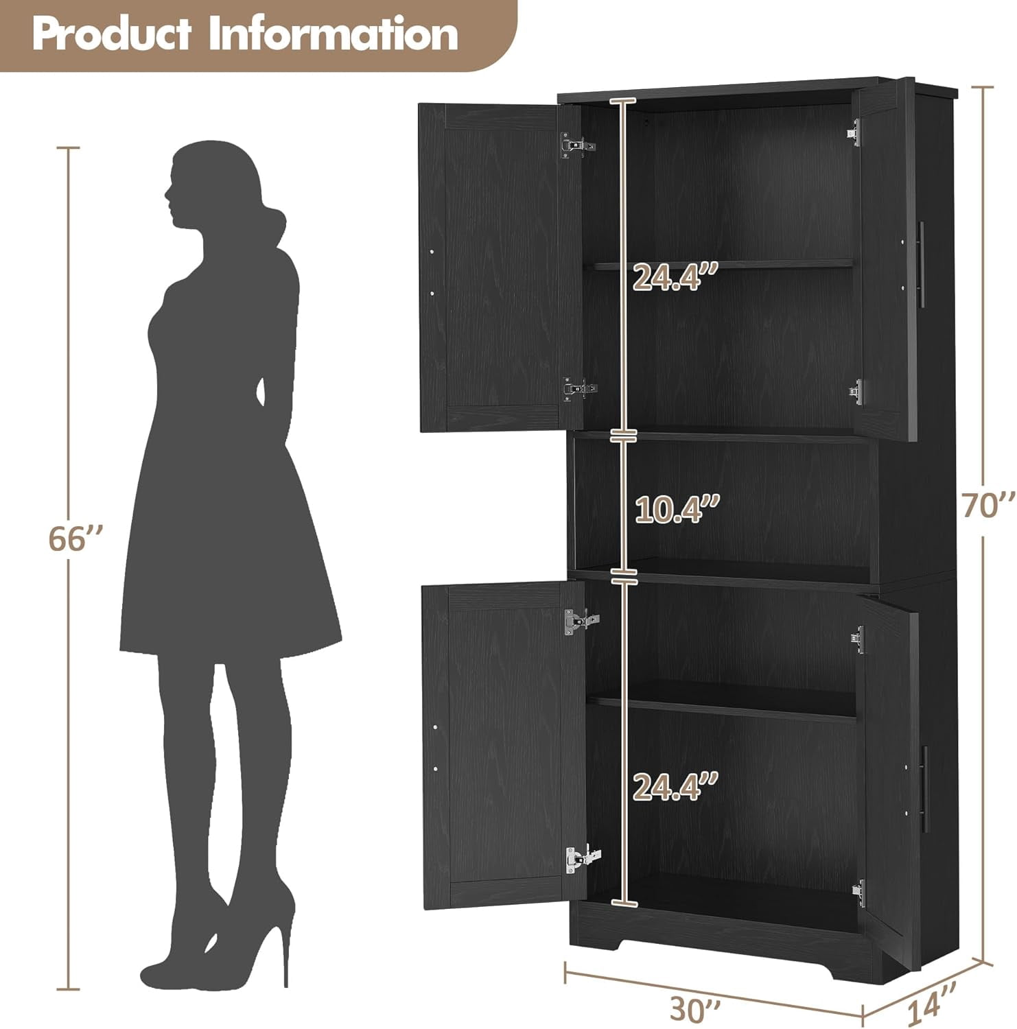 70-Inch Tall Kitchen Pantry Cabinet with 4 Doors and Adjustable Shelves, Freestanding Utility Hutch Cupboard, Black