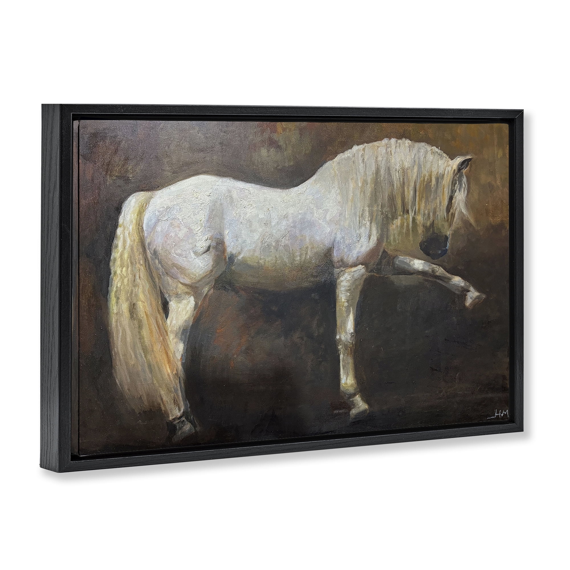 Stupell Industries Elegant White Stallion in Motion Black Framed Floater Canvas Wall Art, design by Hilary McCarthy