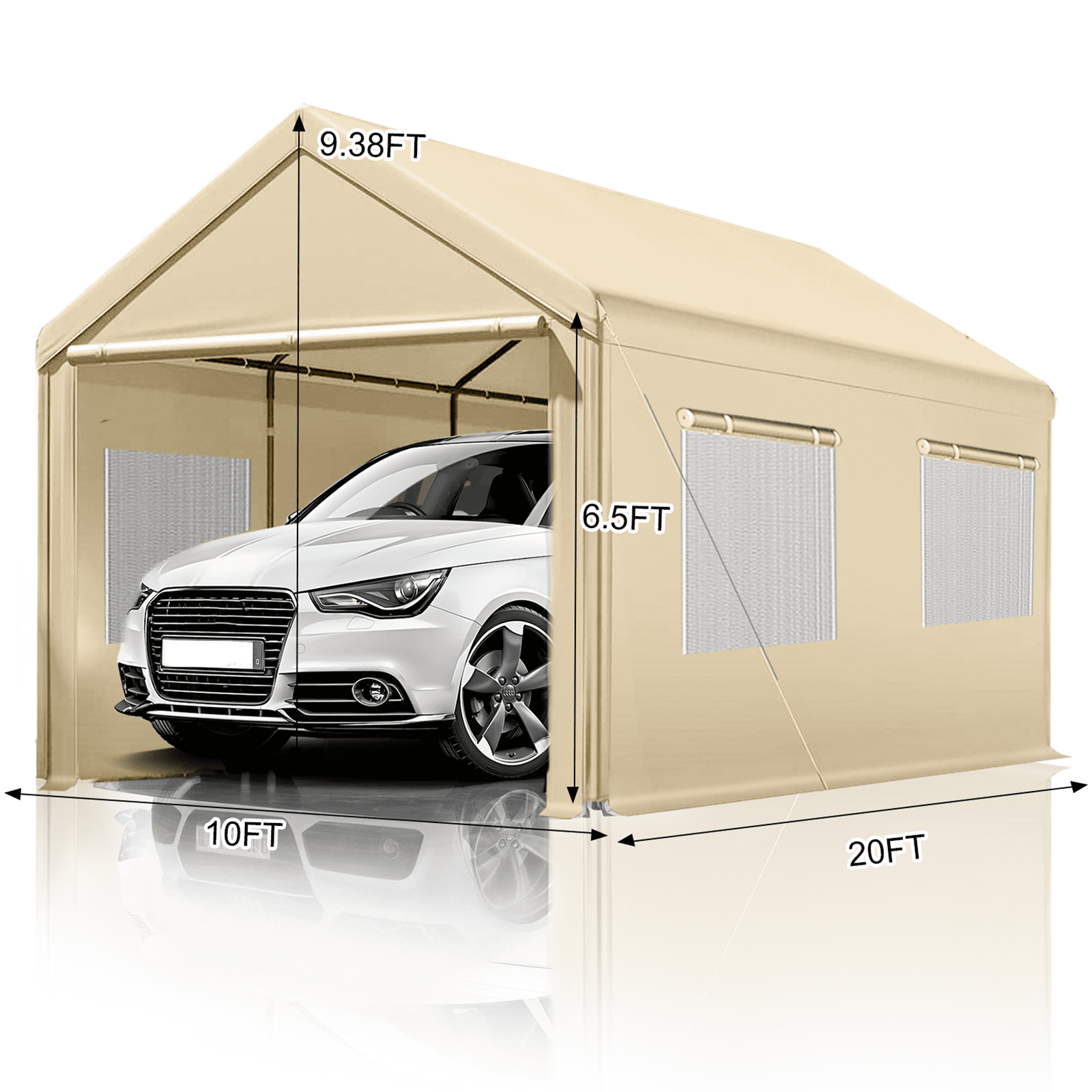 Gaptain W10xL20Ft Heavy Duty Steel Carport Portable Garage with Removable Sidewalls and Windows, Waterproof&Anti-Sunburn&Adjustable Height,Beige