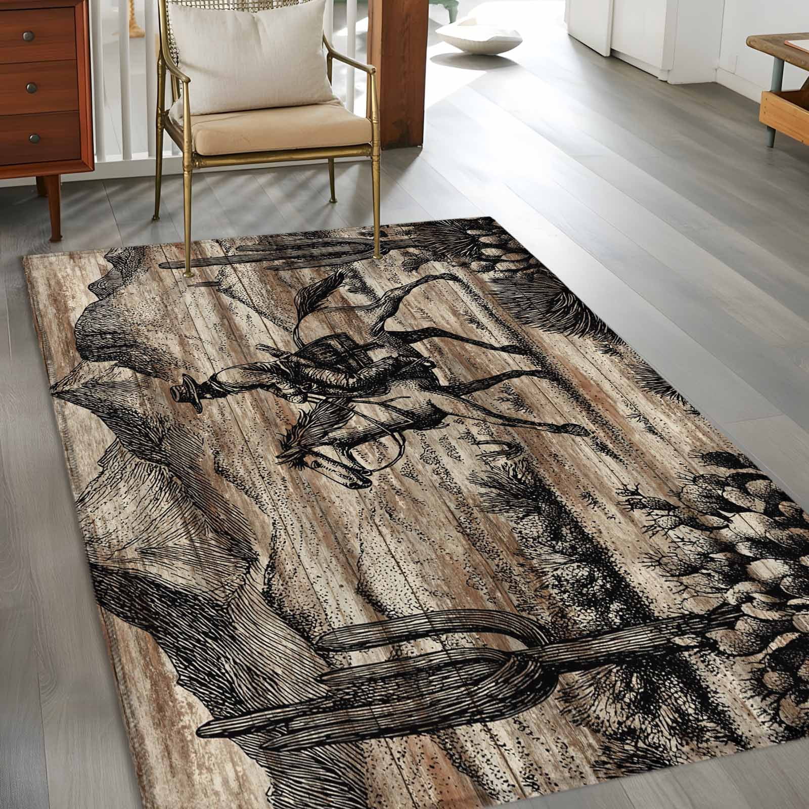 Area Rugs for Living Room Bedroom, Brown Western Farmhouse 4'x6' Rug Washable Carpet Runner Indoor Outdoor, Vintage Cowboys Cactus Non Slip Accent Floor Mats Rug for Kitchen, Office