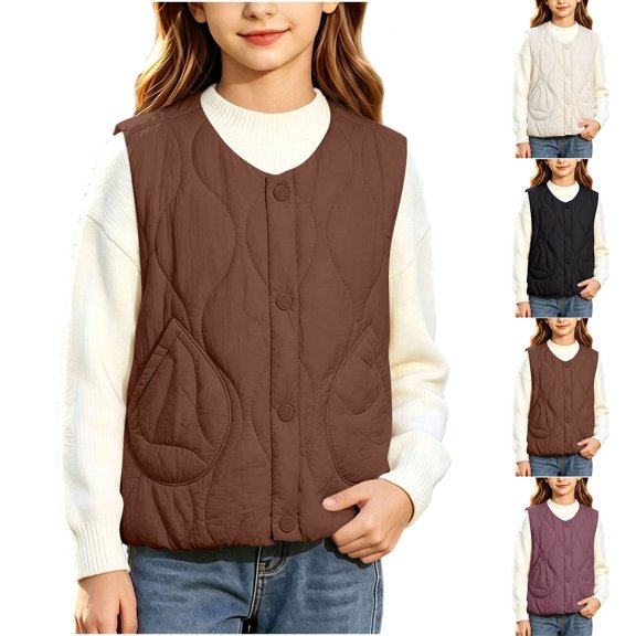 Wlynlyn Women's Quilted Puffer Vests Sleeveless Button Padded Gilet Crew Neck Sleeveless Button down Coat Outerwear Jacket(Coffee,9-10 Years)