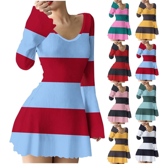 FRSASU Fashion Sweater Dress for Women Spring Fall Striped Long Sleeve V-Neck Soft Ribbed Knit Fit and Flare A-Line Dresses Yellow
