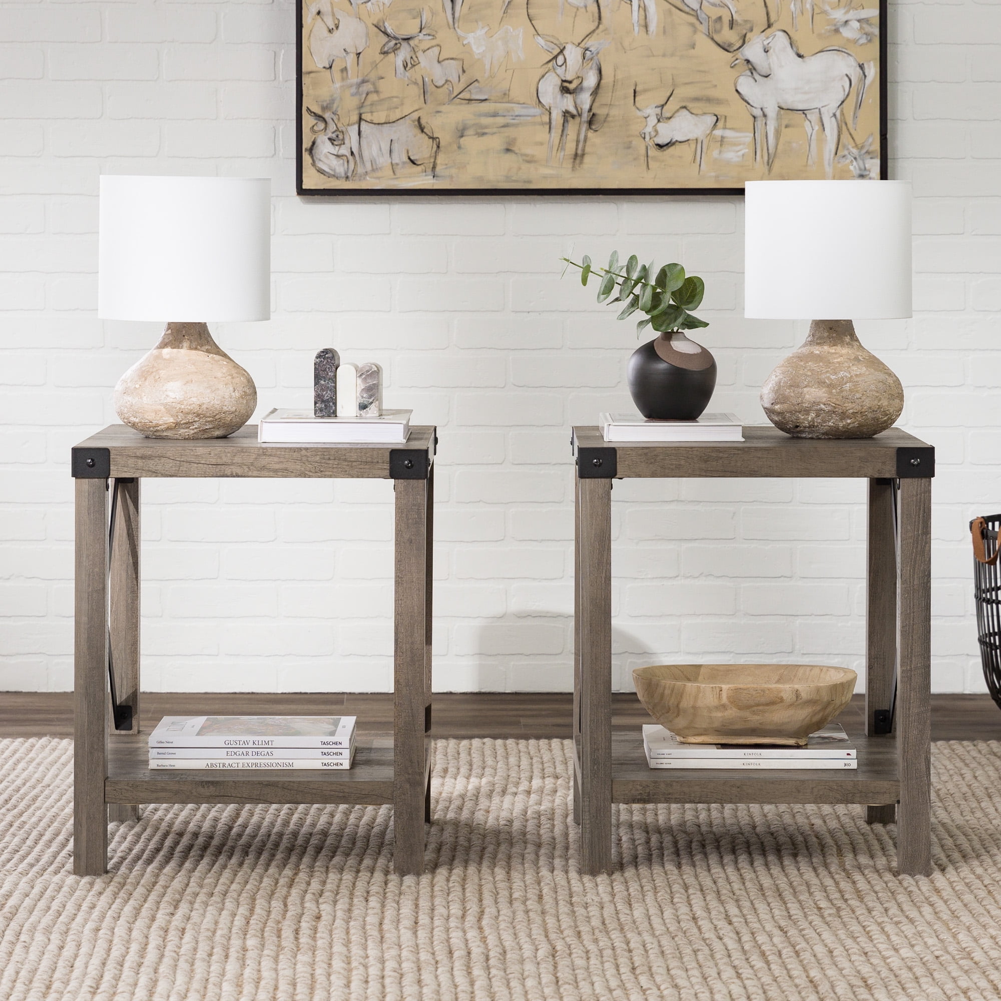 Walker Edison Farmhouse Open Storage Side Table, Set of 2, Grey Wash