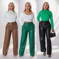 thumbnail image 4 of Women's Autumn And Winter Fashion EuropeAn Style PU Loose Wide Leg Pocket Casual Leather Pants Lined Leggings Women Leather Leather Pants Button Leather Mom Pants Wide Trouser Womens Leather Pants, 4 of 6