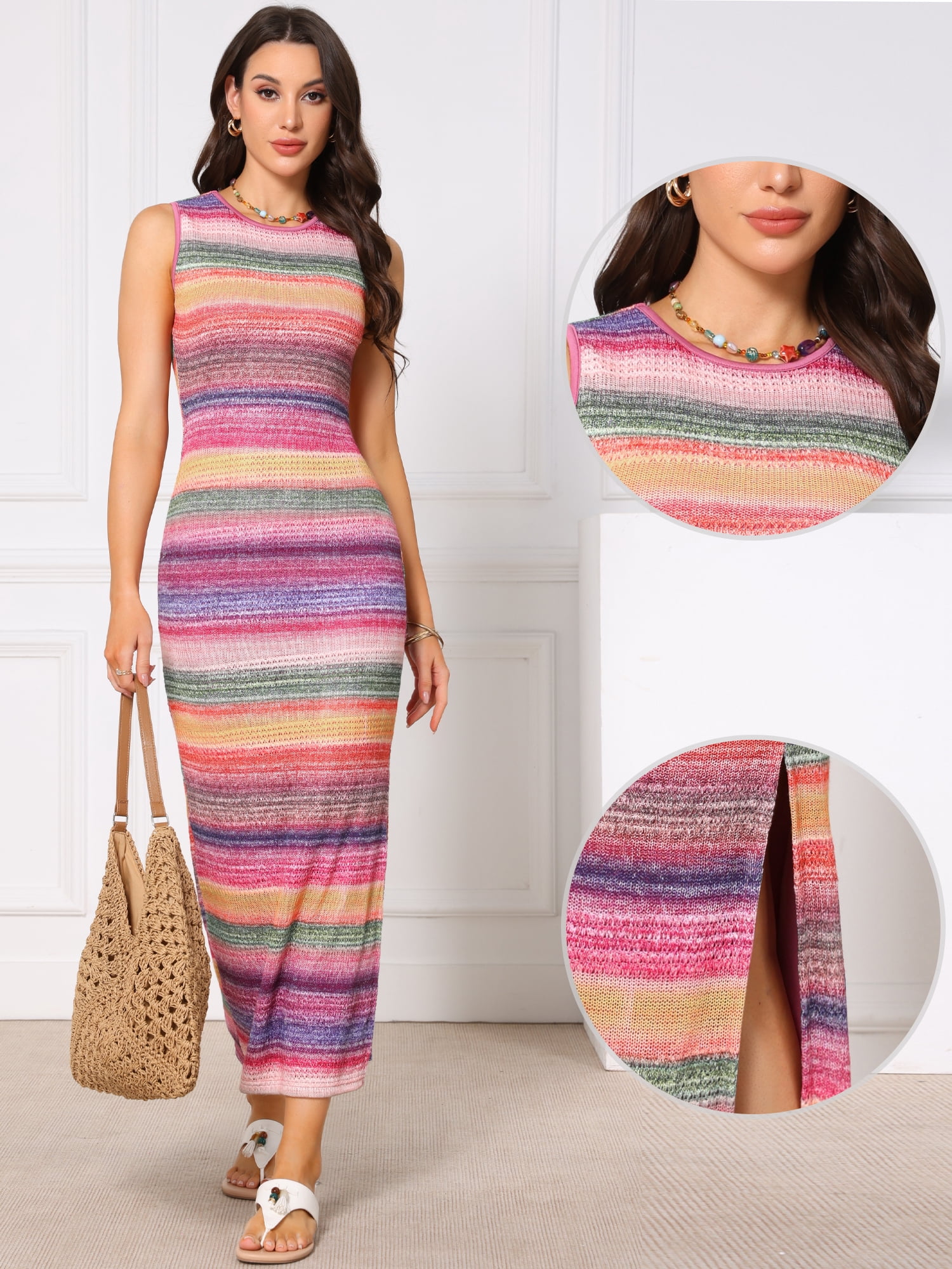DARING DIVA Women's Striped Crew Neck Side Slit Maxi Dress L Multicolor