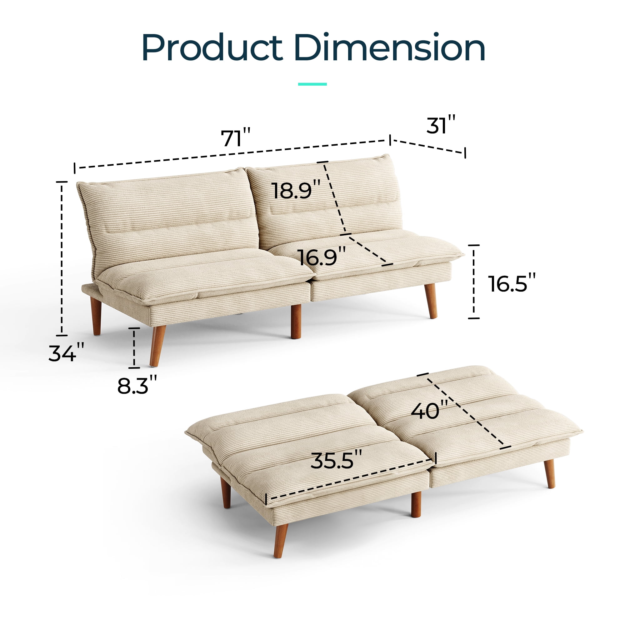 Linsy Home Convertible Futon Sofa Bed, Wooden Arms, 100% Corduroy, 75"W x 21"D x 23.30"H, White