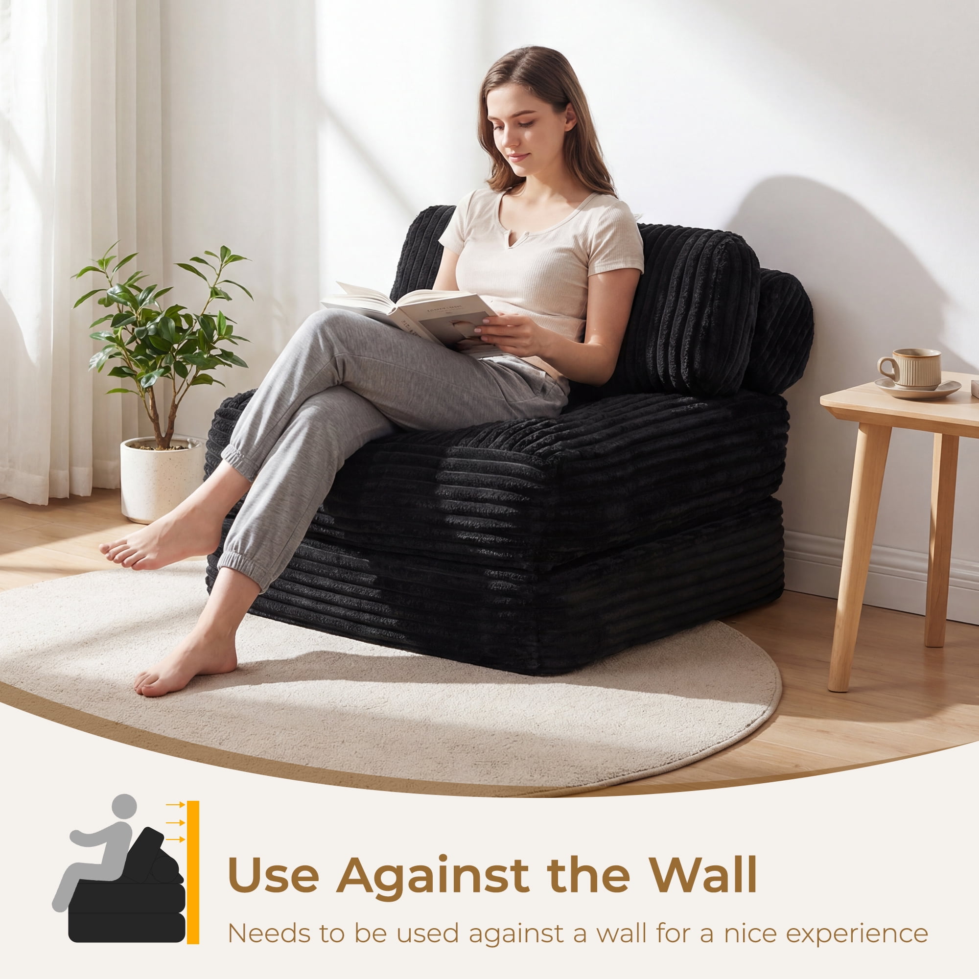 Neche Single Corduroy Convertible Sleeper Sofa - Folding, Pillow Included, Back Support, Portable for Living Room & Bedroom, Black