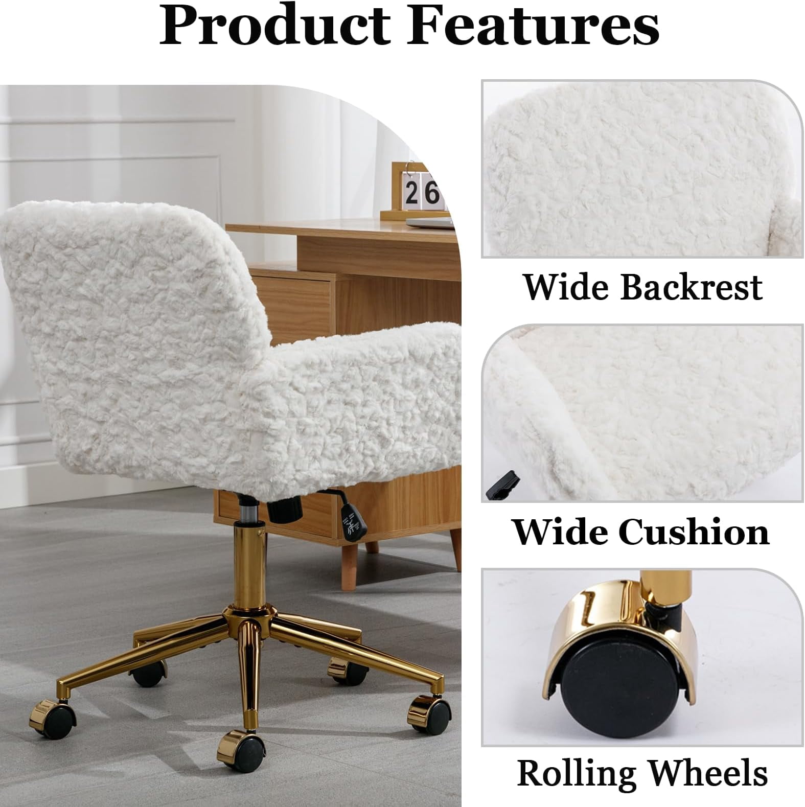 JESTOP Furry Cute Office Chair, Modern Swivel Desk Chair with Wheels, Adjustable Makeup Vanity Chairs with Back, Upholstered Rolling Chairs for Vanity Makeup Room Study Indoor