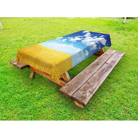 

Yellow and Blue Outdoor Tablecloth Wheat Field Vibrant Summer Harvest Sunbeam Rural Farm Scenery Decorative Washable Fabric Picnic Tablecloth 58 X 104 Inches Earth Yellow Blue White by Ambesonne