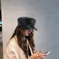 thumbnail image 3 of Mosey Women Extended Brim Beret Hat Flat Dome Faux Leather Newsboy Hat Outdoor Solid Color Leisure Hat Streetwear, 3 of 8