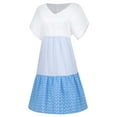 thumbnail image 4 of CHOK Robe Mini Décontractée pour Femme Grande Taille Été Ample Mode Patchwork Col en V à Rayures à Pois Manches Courtes Volant Ourlet à Étages en Lin Robe de Plage Soleil en Liquidation, 4 of 5