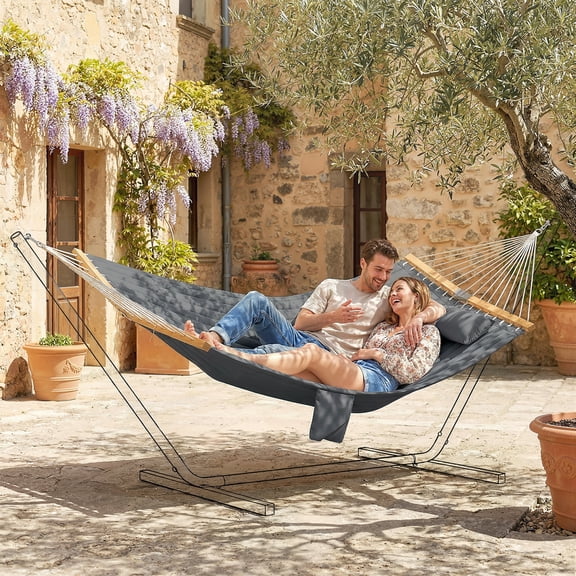 Outsunny Outdoor Hammock 2-Person Hammock with Head Pillow & Pad 440 lbs. Capacity for Patio Yard Garden Gray