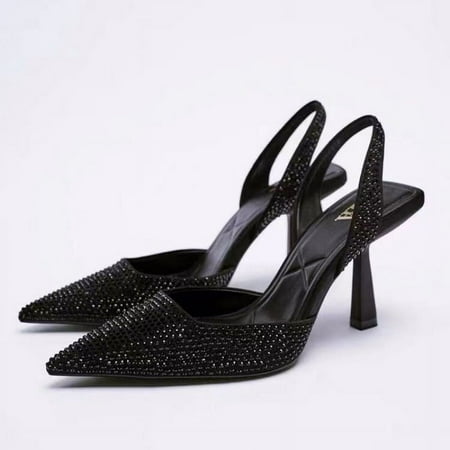 

2024 Womens Rhinestone Flower Stiletto Heels Closed Toe Sling Back Sling Back Wedding Shoes Sandals