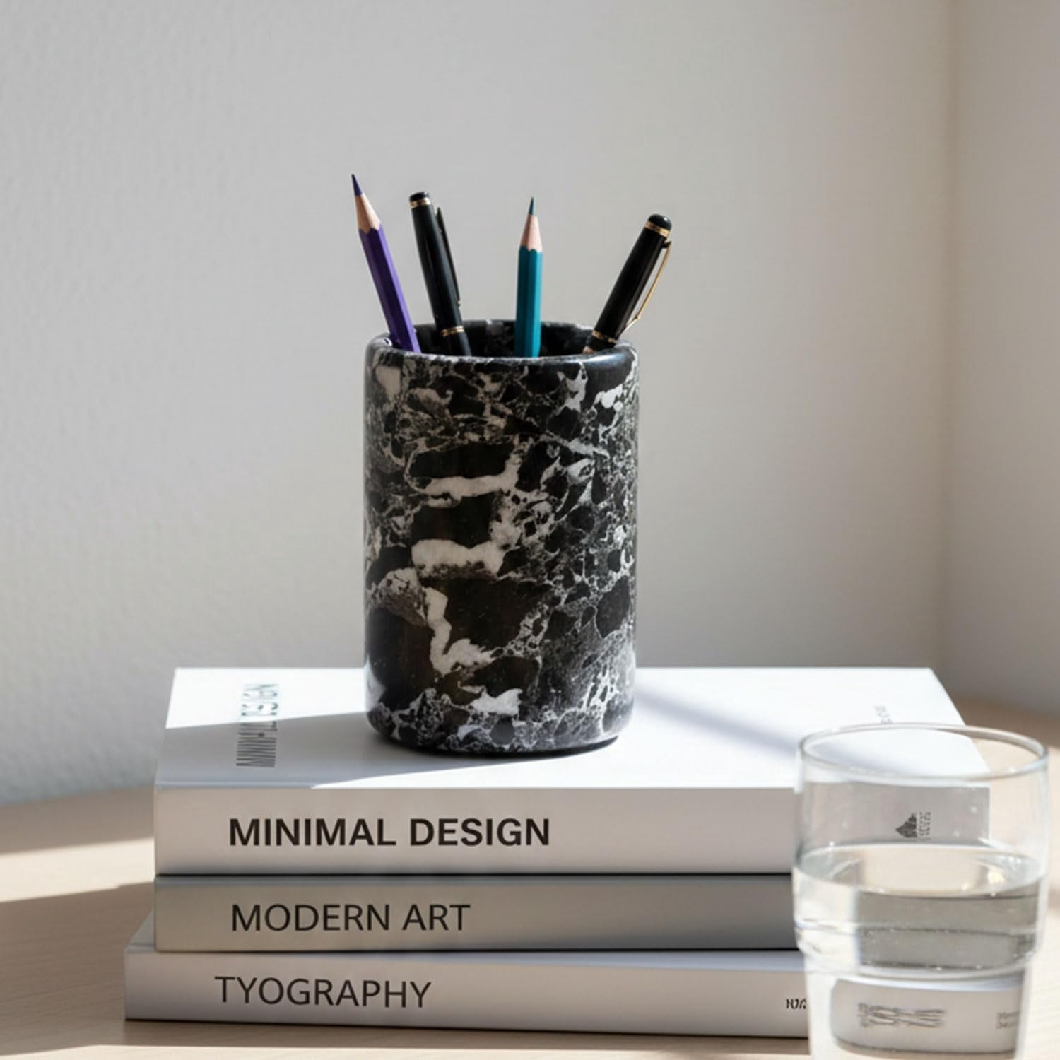 Radicaln Black Marble Stationary Holder 4" – Pencil Stand for Desk, Makeup Brush Holder, Toothbrush Organizer, Office Supplies Caddy, Minimalist Décor