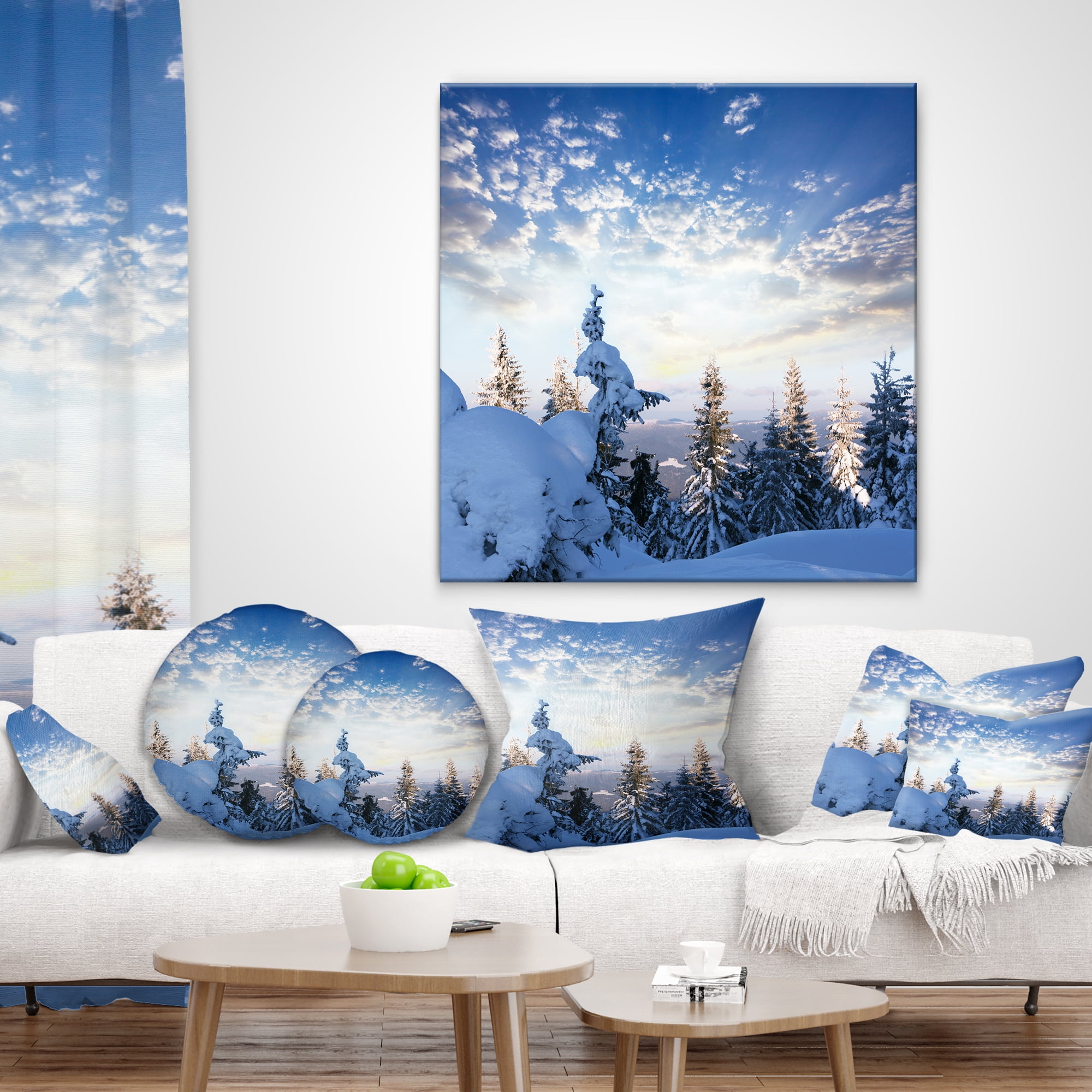 Designart Foggy White Winter Forest - Landscape Wall Throw Pillow - 18x18