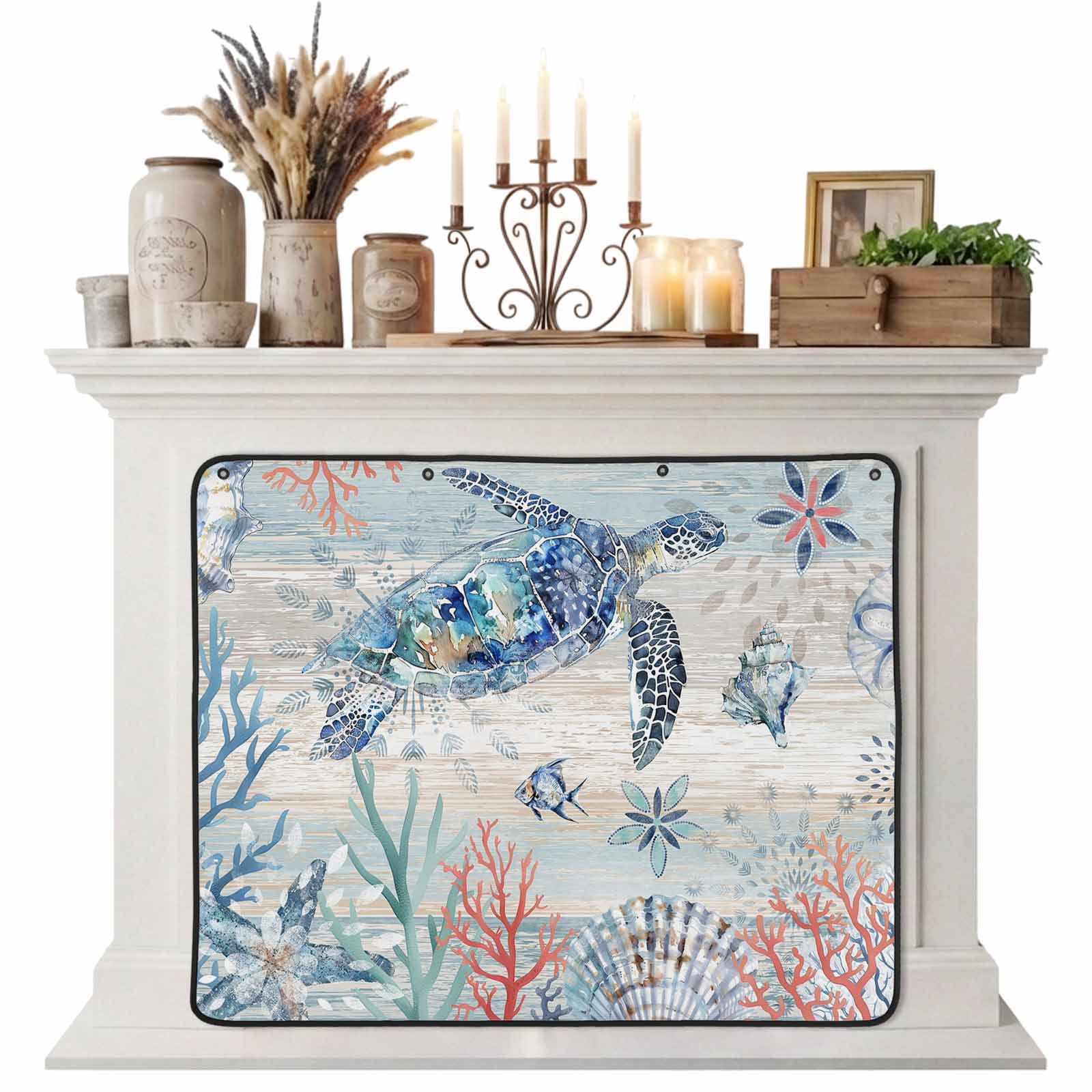 Ocean Turtle Magnetic Fireplace Cover Fireplace Draft Blocker Coral Vintage Blue Shell Coastal Conch Fireplaces Blanket for Heat Loss/Cold Air Fireplaces Draft Stopper Cover for Inside 51 x39