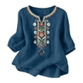 thumbnail image 3 of Embroidered Cotton Linen Shirts Summer Casual Blouse 3/4 Sleeve Gauze Boho Tops Tunic Blouses Peasant Boho Top Peasant Blouse Tops Floral Gauze Tunics Casual Loose Blouses Dark Blue S, 3 of 8