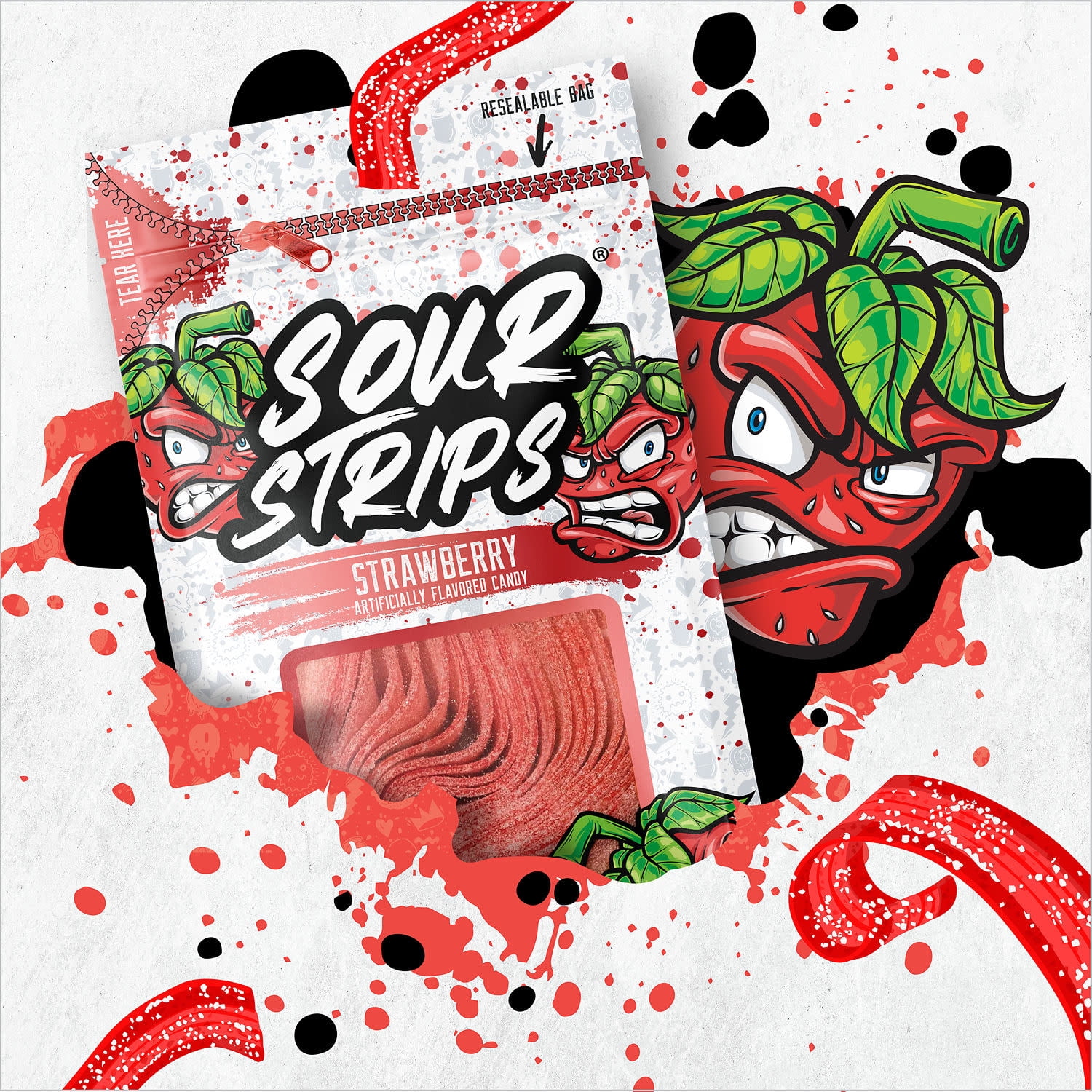 (2 pack) Sour Strips Strawberry Flavored Chewy, Candy Bag, 3.4 oz