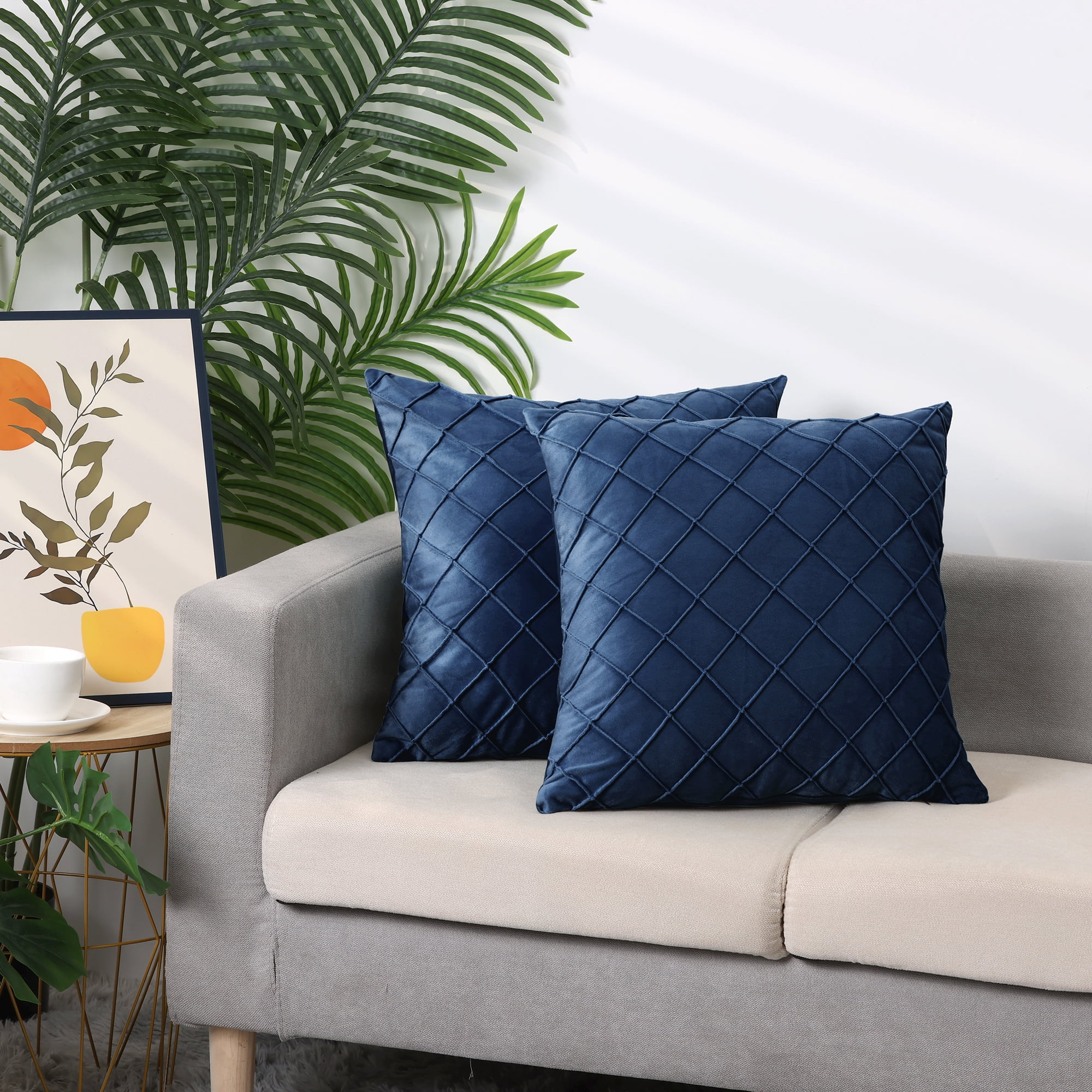 Unique Bargains 4Pcs Velvet Geometric Textured Pillow Covers Home Decor Cushion Covers Navy Blue/Yellow 18" x 18"