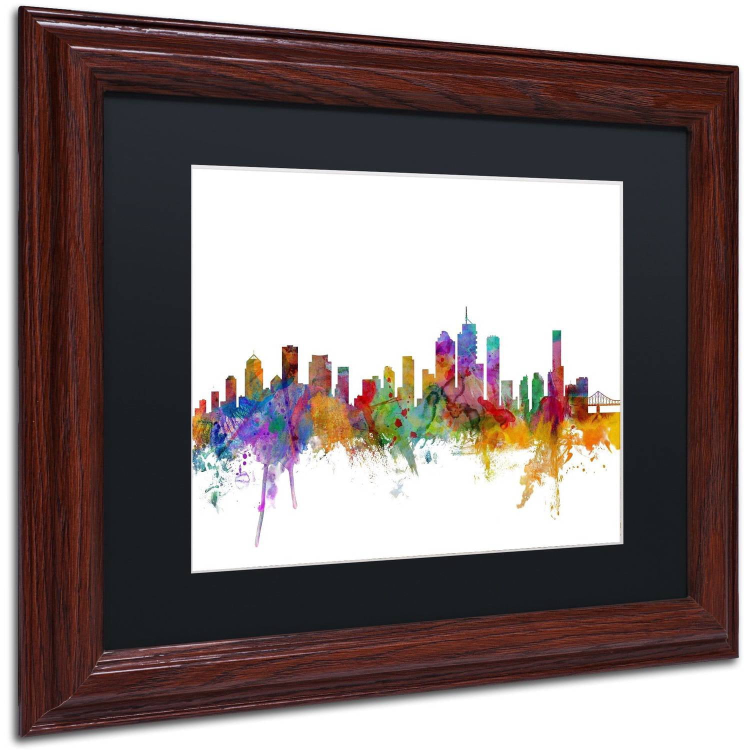 Trademark Fine Art "Brisbane Australia Skyline" Canvas Art by Michael Tompsett Black Matte, Wood Frame