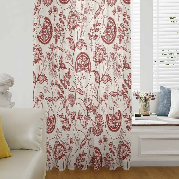 Red Spring Floral Semi Sheer Curtains Drapes for Living Room, Bedroom, French Doors Window 63 Inches Long, Summer Botanical Farmhouse Rod Pocket Chiffon Curtain Drapery Voile Draperies Panel