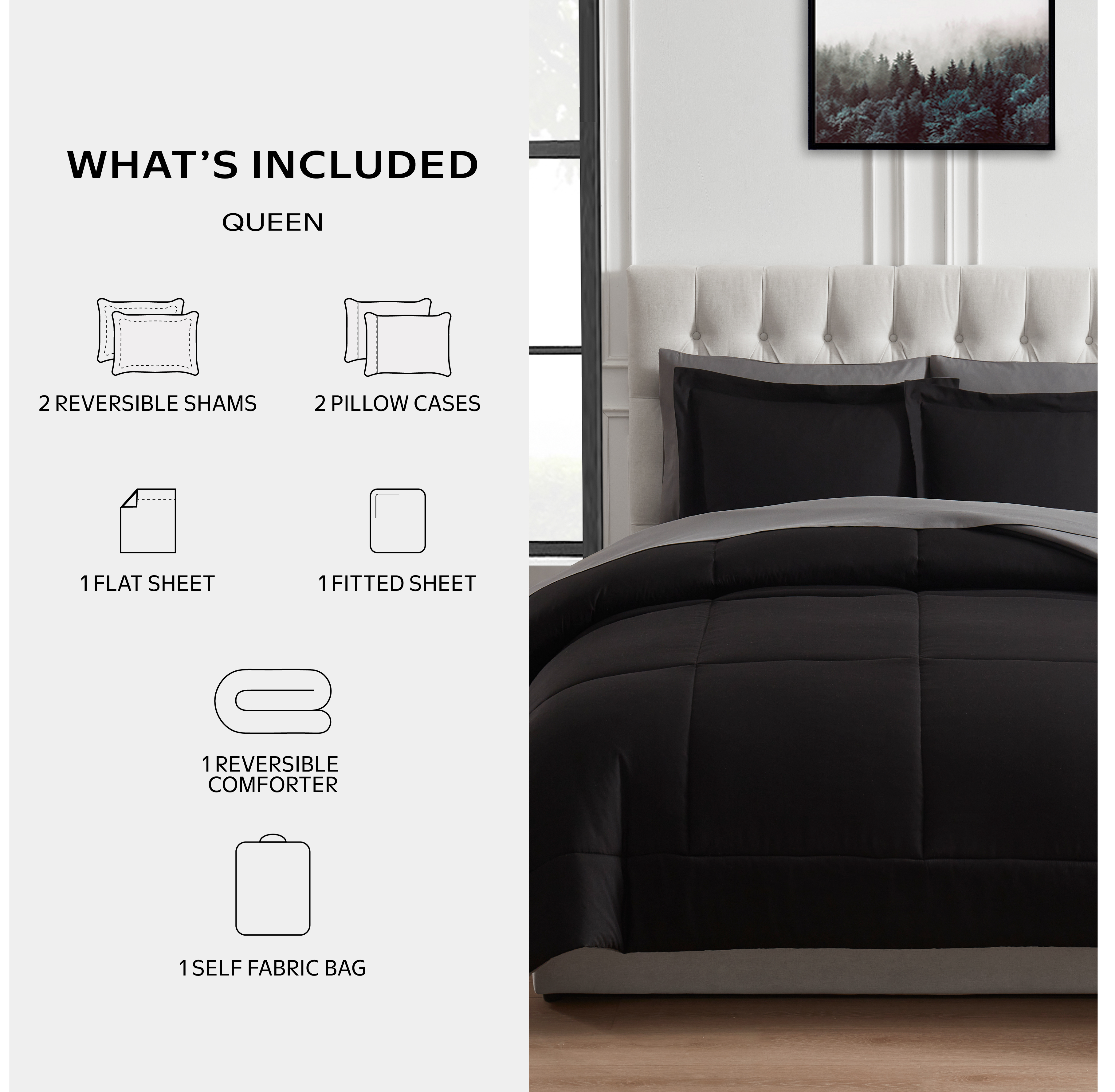 MAINSTAYS ALL IN ONE REVERSIBLE COMFORTER AND SHEET SET- 7 PIECE, QUEEN, BLACK