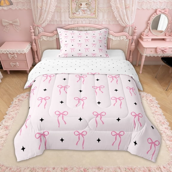 Erosebridal Pink Princess Bow Twin Comforter Sets for Girls, Cartoon Star Print Bedding Set for Women, Reversible, 2 Pieces