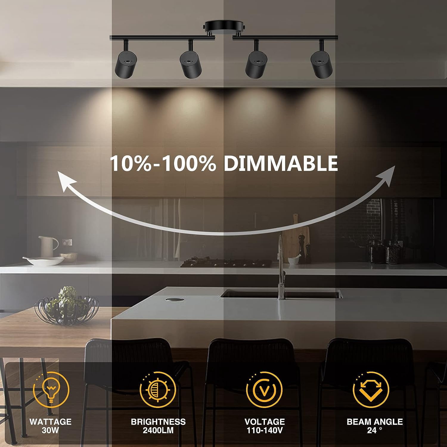 VANoopee 5-Color 4 Light LED Track Lighting Fixtures Ceiling for Kitchen, Dimmable Track Lighting Kit, Ceiling Spotlight Flush Mount Adjustable Directional Spot Lights Indoor, Black CRI90 2400lm 30W