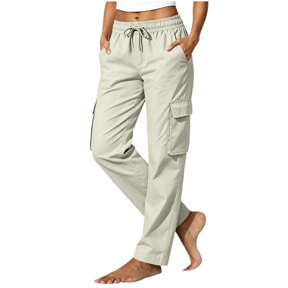 Bosfbaoi Cargo Pants for Women Elastic Drawstring High Waist Straight Leg Casual Work Pants with Multi Pockets