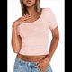 thumbnail image 2 of Camisetas de Corta para Mujer, Informales, Básicas, de Verano, con Cuello Redondo, Corte Entallado, de Punto Acanalado, para Trabajo y Negocios. Rosa L, 2 of 9