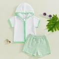 thumbnail image 5 of LNMQLPDBS Toddler Baby Boy Girl Swim Cover Up Towel Terry Zipper Hooded Tops Seersucker Gingham Shorts Set Bathing Suit Coverup Baby Bathing Suit Girl Boys Swim Shorts Outfit, 5 of 9