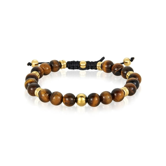 Crucible Jewelry Men's Tiger Eye Stone and Gold Plated Stainless Steel Bead Adjustable Bracelet (8mm)