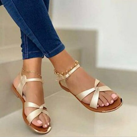 

Women s Summer Casual Round Toe Buckle Cross Strap Flat Solid Color Sandals