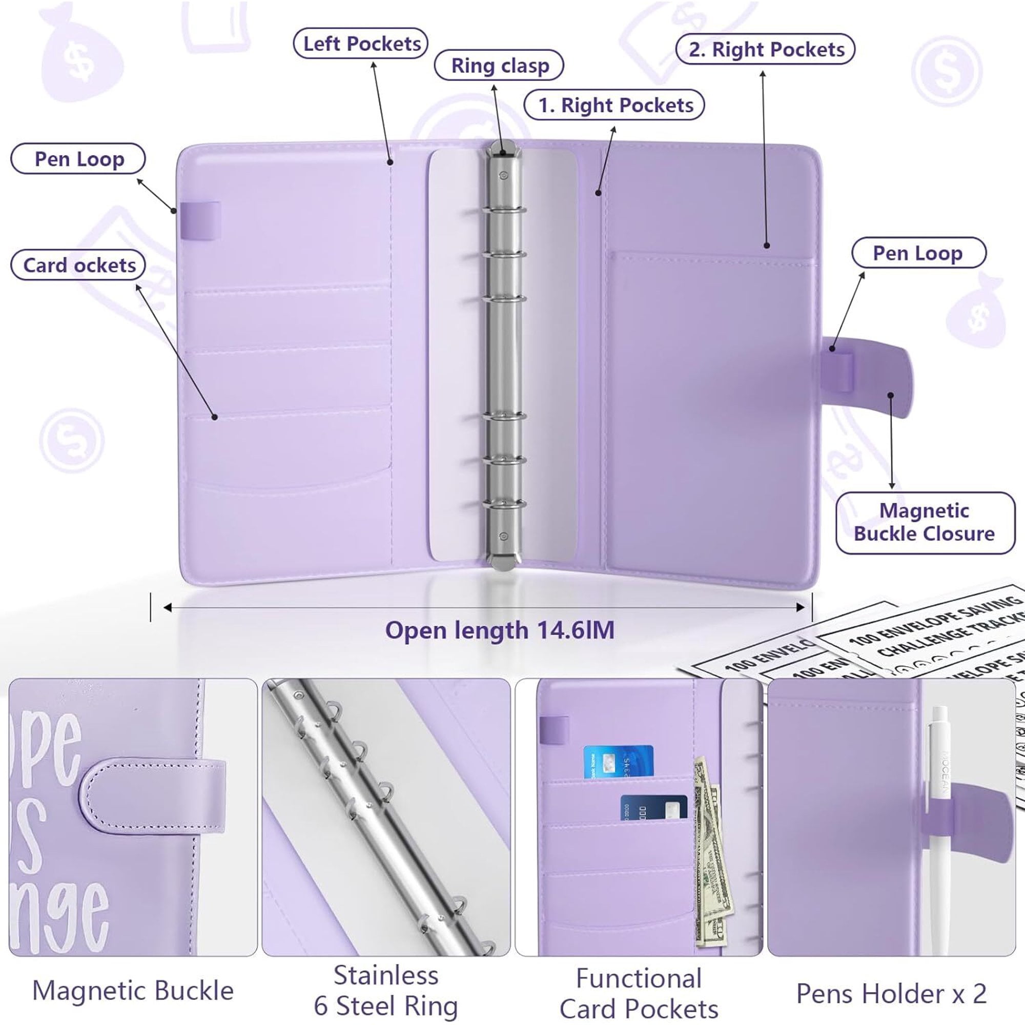 PandaTop 100 Envelopes Money Saving Challenge Binder, Blue Savings Challenges Book with Envelopes, Savings Binder Budget Binder with Cash Envelopes to Save $5050