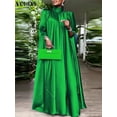 thumbnail image 2 of Plus Size 5XL VONDA 2024 Women Stand Collar Elegant Satin Dress Long Bat Sleeve Evening Pleated Maxi Sundress Casual Solid Robe, 2 of 5