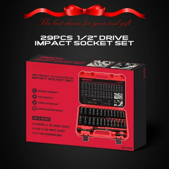 29-Piece 1/2" Drive Impact Socket Set, SAE (3/8 to 1 inch) and Metric (10-24mm) Sizes with Extension Bars Standard Deep Socket Set CR-V Material High Durability Impact Wrench
