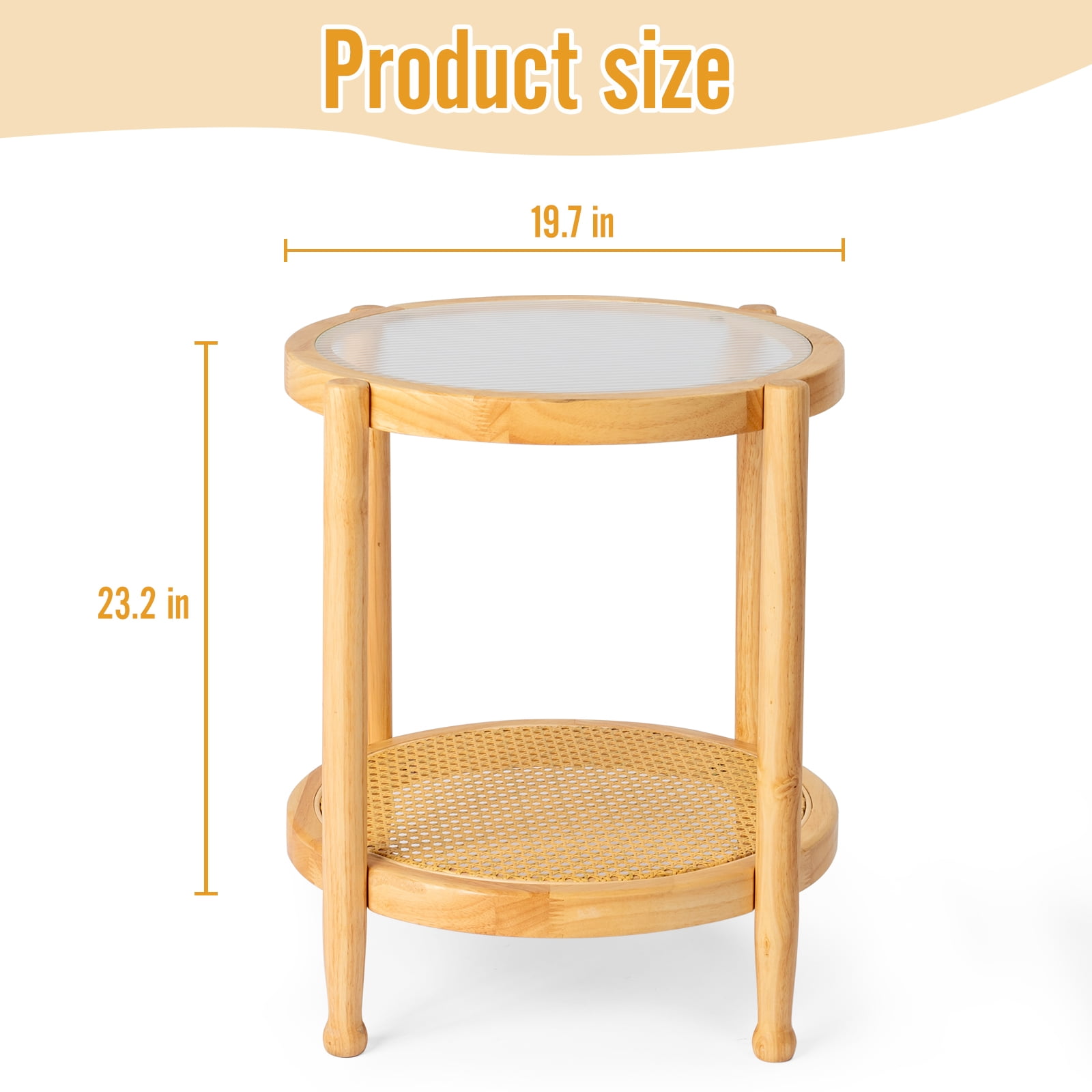 19.7in Rattan Coffee Table with Glass Top, Small Round End Table, Boho Style Side Table Sofa End Table for Living Room Balcony Patio, Natural