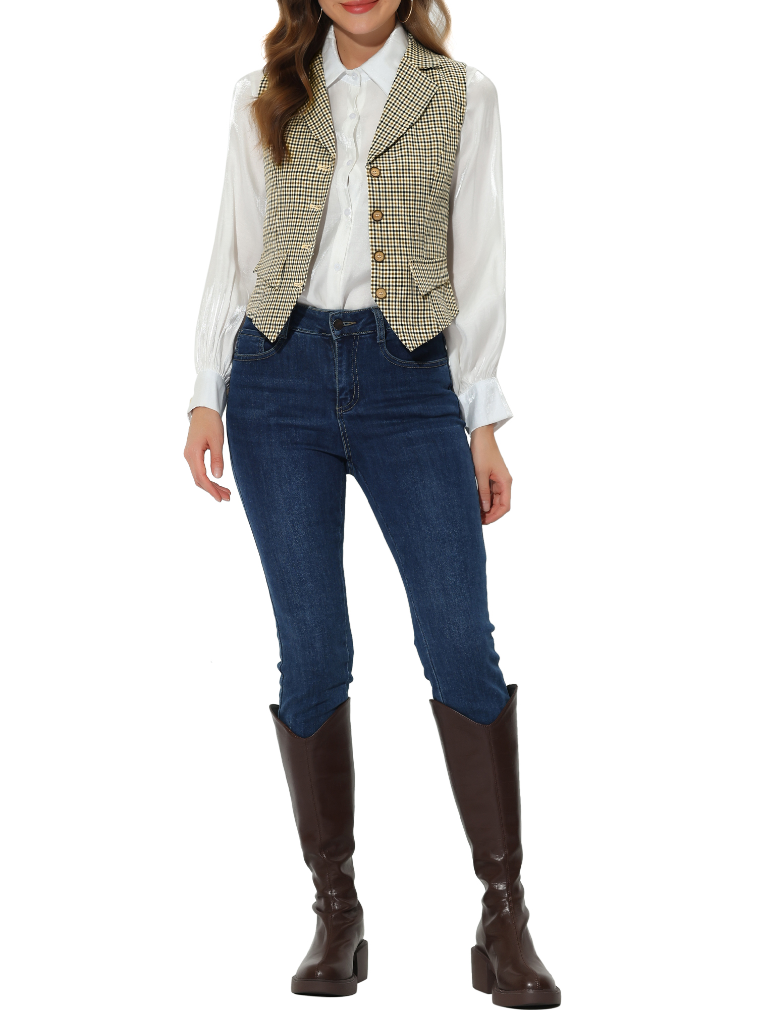 DARING DIVA Women's Plaid Waistcoat Notched Lapel Collar Vintage Vest S Brown