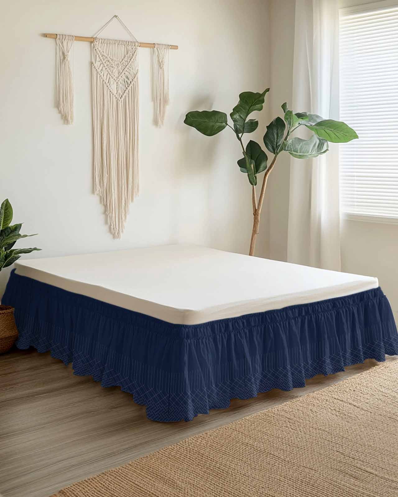 Navy Blue Bed Skirt California King Size 18" Drop Minimalism Geometric Texture Modern Art Ruffled Wrap Around Bed Skirts Adjustable Elastic Bedskirt Dust Ruffle for California King Size Bed