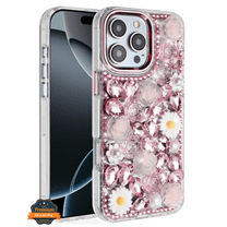For Apple iPhone 17 PRO Full Bling Glitter Diamond Flower Case Sparkly Fashion Protective Cover Pink]