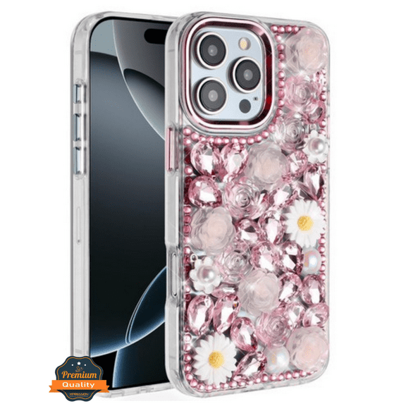For Apple iPhone 17 PRO Full Bling Glitter Diamond Flower Case Sparkly Fashion Protective Cover Pink]