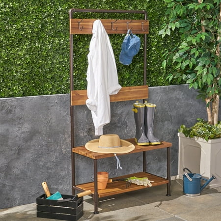 Chelsea Hotel Shelf - Chelsea Outdoor Industrial Acacia Wood and Iron Bench with Shelf and Coat Hooks, Teak
