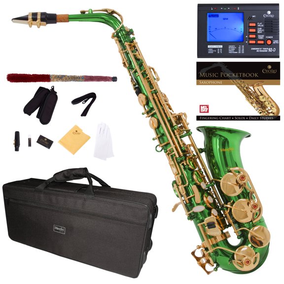Mendini by Cecilio Eb Alto Sax w/Tuner, Case, Mouthpiece, 10 Reeds, Pocketbook MAS-GL Green Lacquer E Flat Saxophone