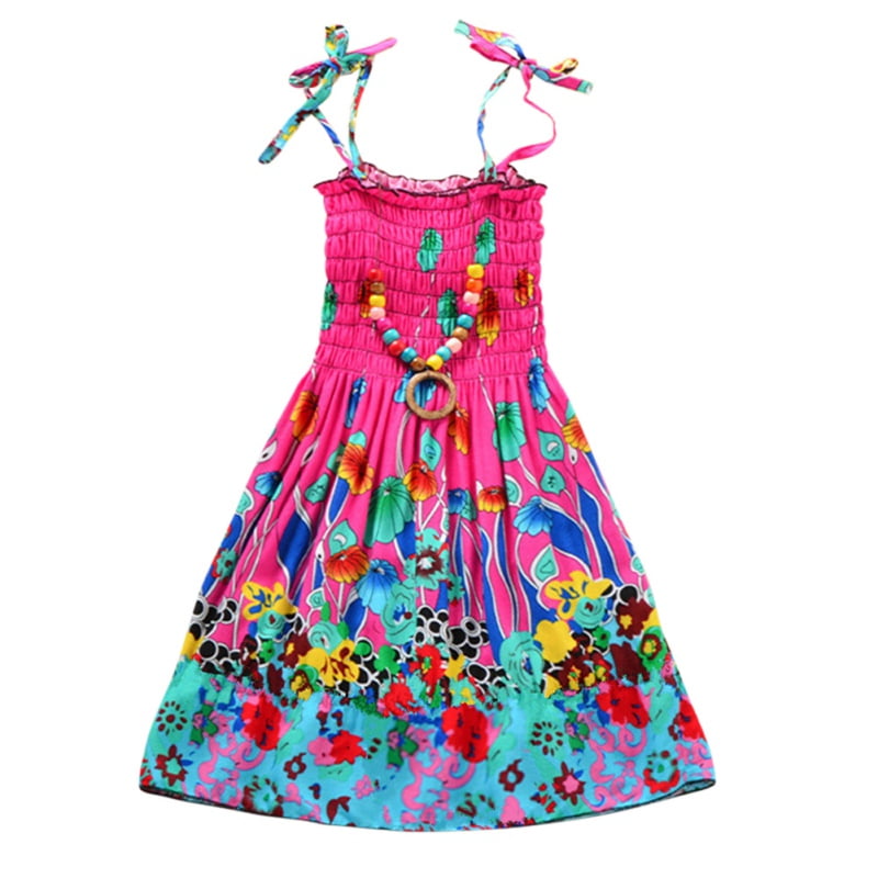 Girls Bohemian Dresses Floral Sleeveless Rainbow Beach Sundress with Necklace