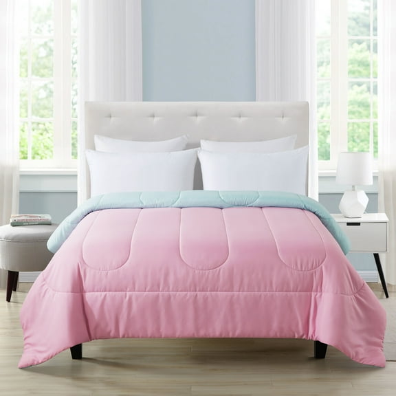 Mainstays Reversible Microfiber Comforter, Pink/Teal, Full/Queen, Adult, Unisex