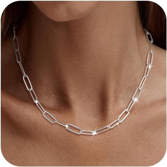 Silver Paperclip Chain Necklace For Women,Dainty Sterling Silver Choker Necklaces For Women Trendy Simple Long Chunky Minimalist Waterproof Link Necklace Jewelry Gifts For Women 16/18/20 In[o6374]