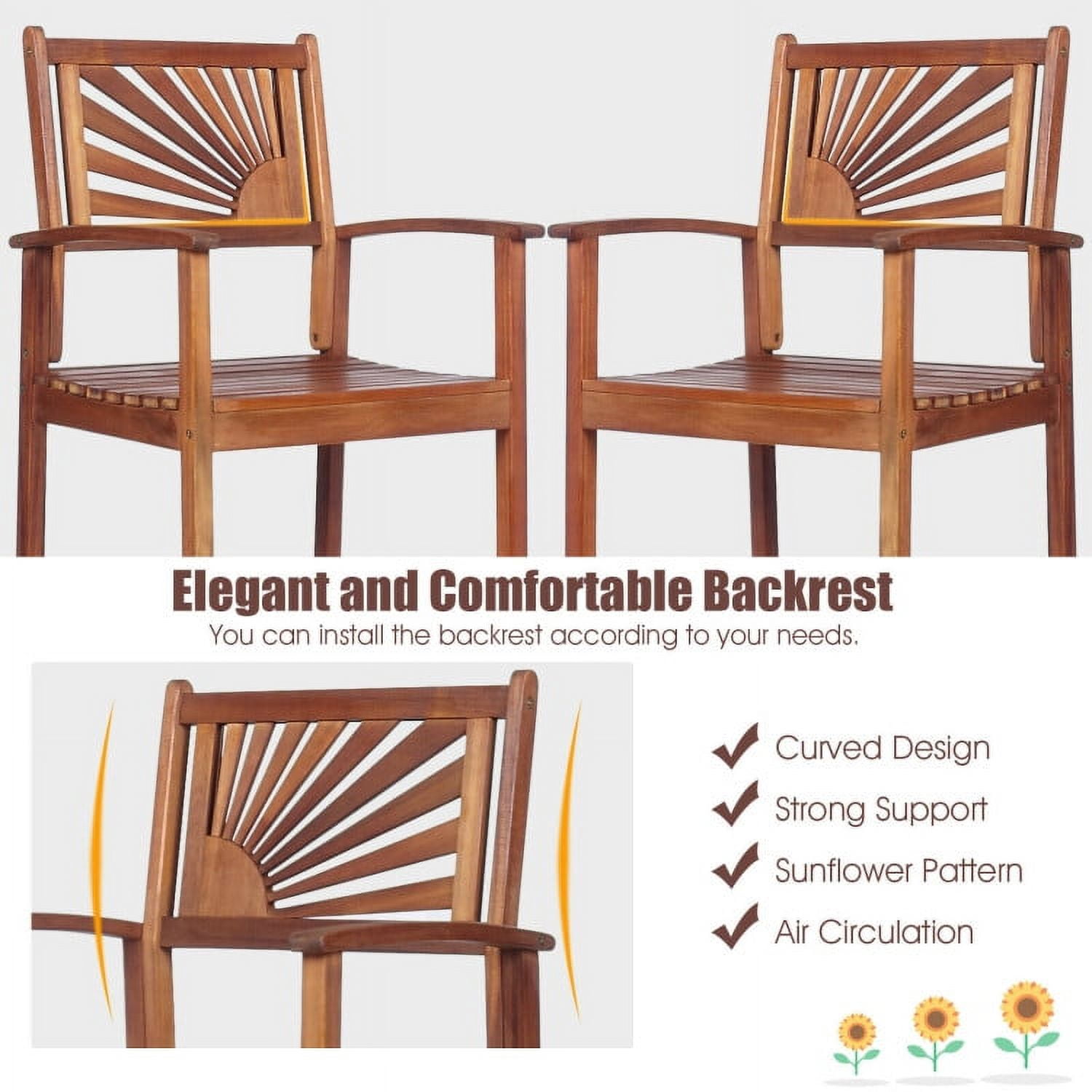Aimee Lii 3 Pieces Acacia Wood Patio Bar Set with Sunflower Patterned Backrest, Outdoor Patio Furniture