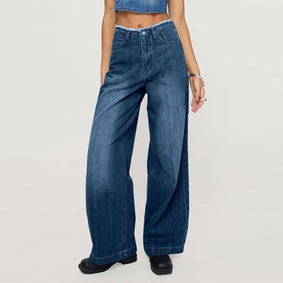 YanHoo Women Barrel Jeans Raw Hem High Waisted Wide Leg Drawstring Denim Pants Y2K Baggy Loose Fit Trouser Jeans Blue,S