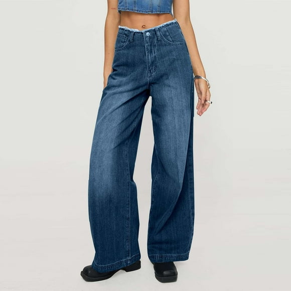 Yourumao Womens Wide Leg Jeans Frayed High Waist Jeans Retro Baggy Denim Pants Summer Trendy Outdoor Jeans with Pocket