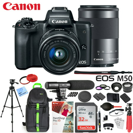 Canon EOS M50 Mirrorless Camera w/ 4K Video EF-M 15-45mm and EF-M 55-200mm Lens Deluxe 32GB Triple Battery Bundle with Shotgun Mic, Backpack, Tripod and (Best 4k Mirrorless Camera)